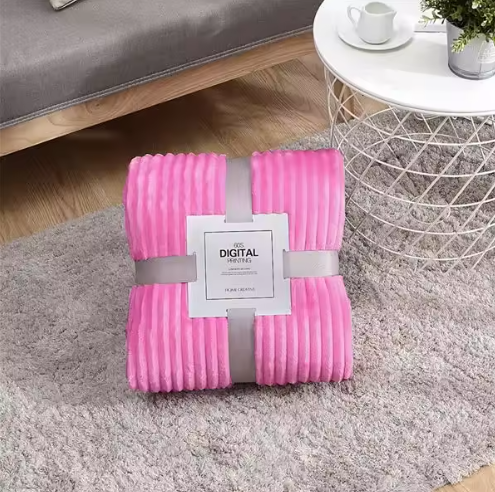 Striped Flannel Blankets for Beds, Solid Color Pink and Blue Soft Warm Mink Sofa Cover Bedspread Travel Blankets for Airplane Beach