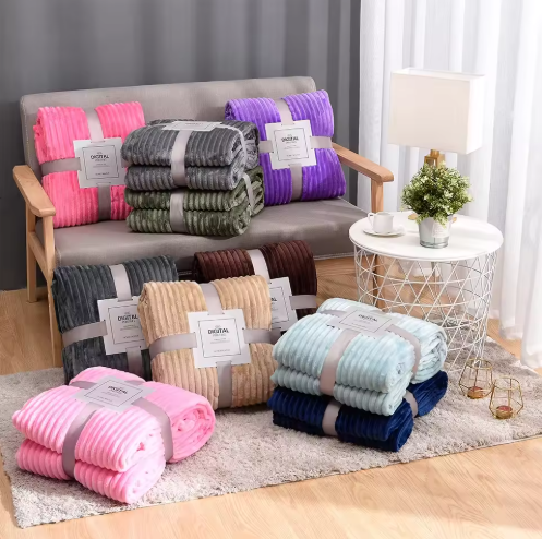 Striped Flannel Blankets for Beds, Solid Color Pink and Blue Soft Warm Mink Sofa Cover Bedspread Travel Blankets for Airplane Beach